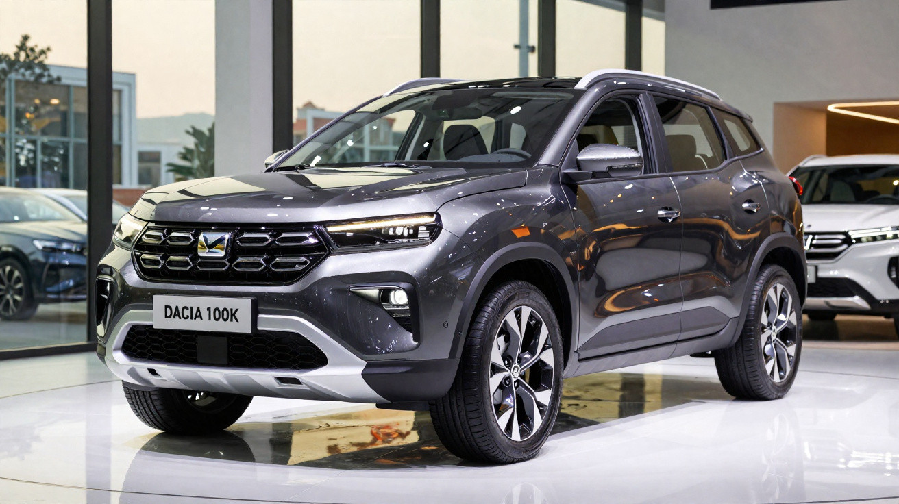 Carro SUV moderno cinza Dacia 100K exposto em showroom com iluminação interior refletida na pintura.