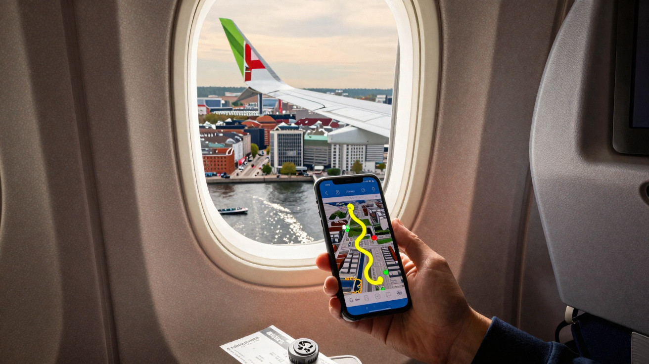 Vista aérea de cidade através da janela de avião com mão a segurar telemóvel com mapa e rota.