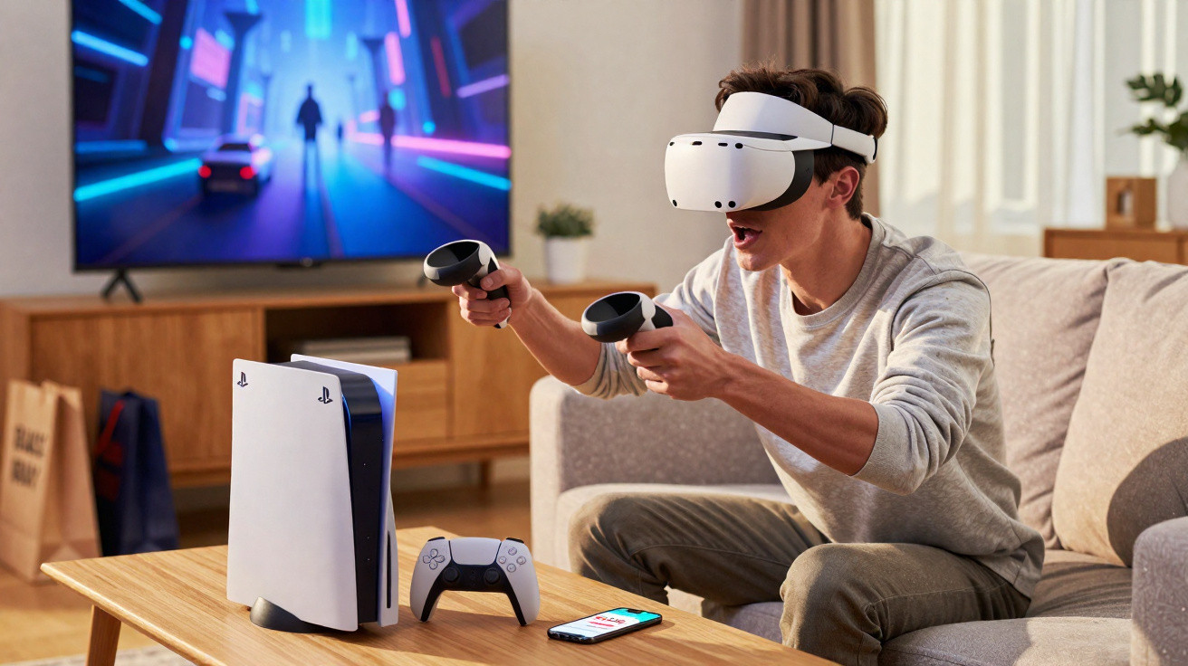 Homem sentado no sofá a jogar videojogo com óculos e comandos de realidade virtual.