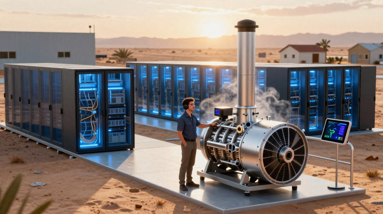 Homem com auscultadores observa gerador a vapor em laboratório tecnológico no deserto ao pôr do sol.