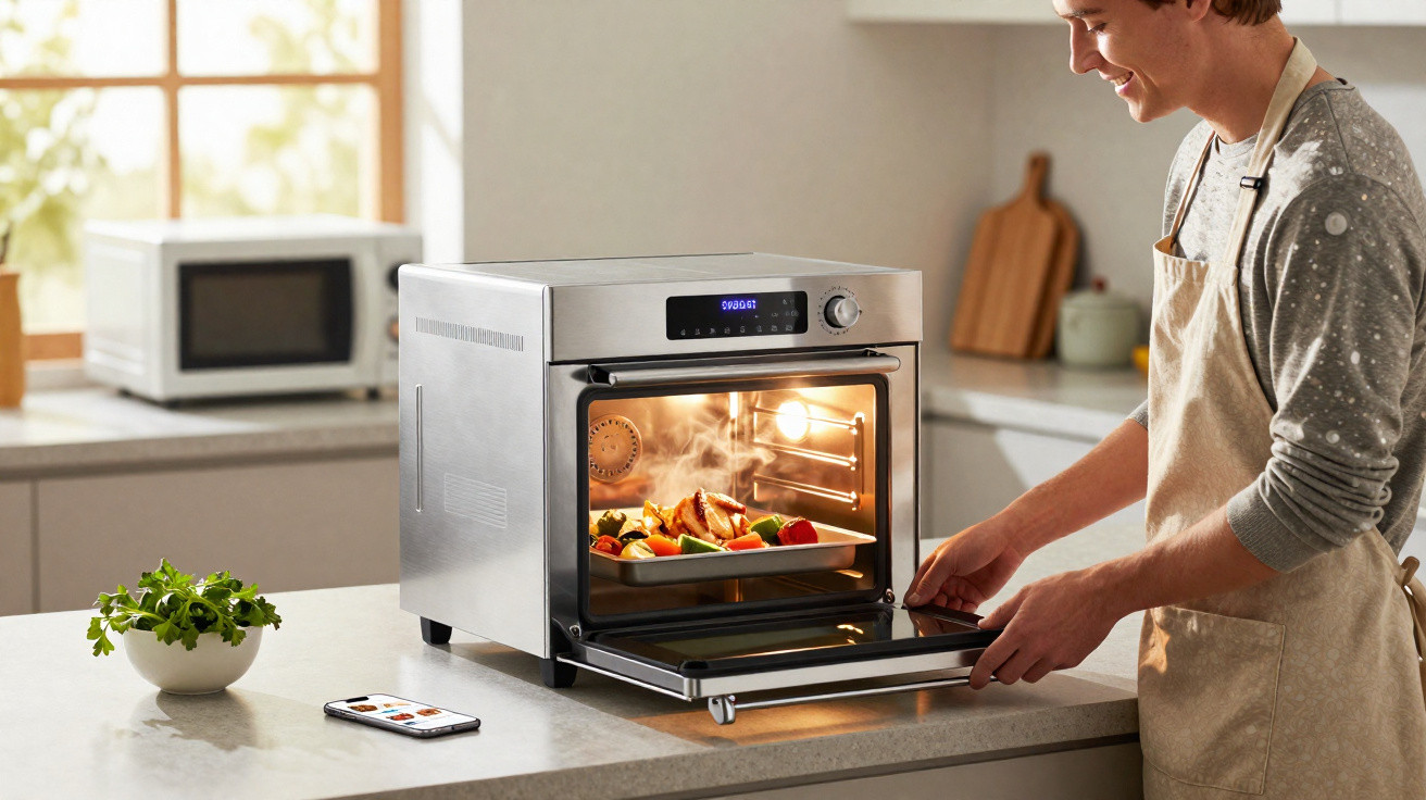 Homem a retirar tabuleiro com comida cozida num forno elétrico de bancada numa cozinha moderna.