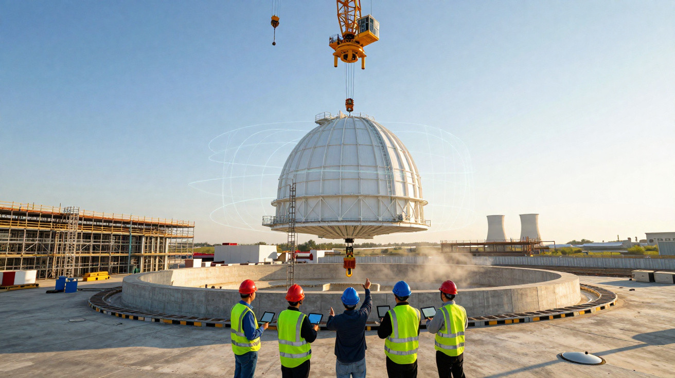 Equipa de trabalhadores com coletes e capacetes observa instalação de cúpula em obra industrial ao ar livre.
