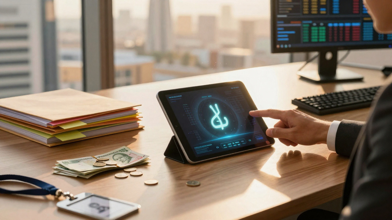 Pessoa a usar tablet com símbolo digital económico numa secretária com moedas, notas e ficheiros organizados.