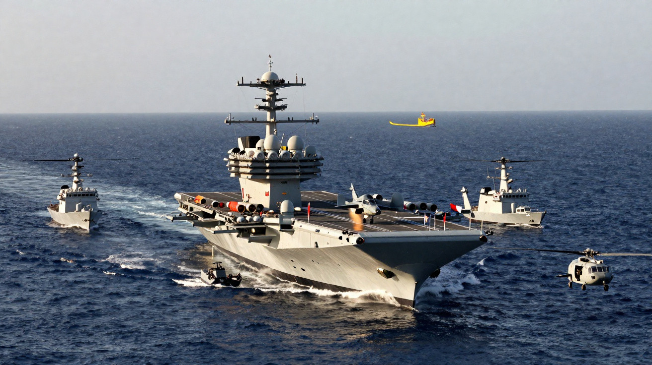 Porta-aviões militar acompanhado por dois navios de guerra e um helicóptero em mar aberto, com um pequeno barco amarelo ao fu