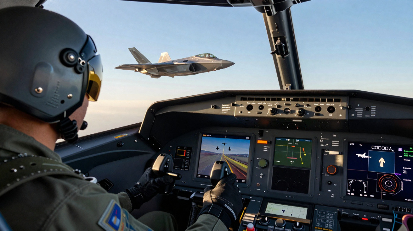 Piloto num cockpit de avião militar com outro caça a voar no céu ao fundo.
