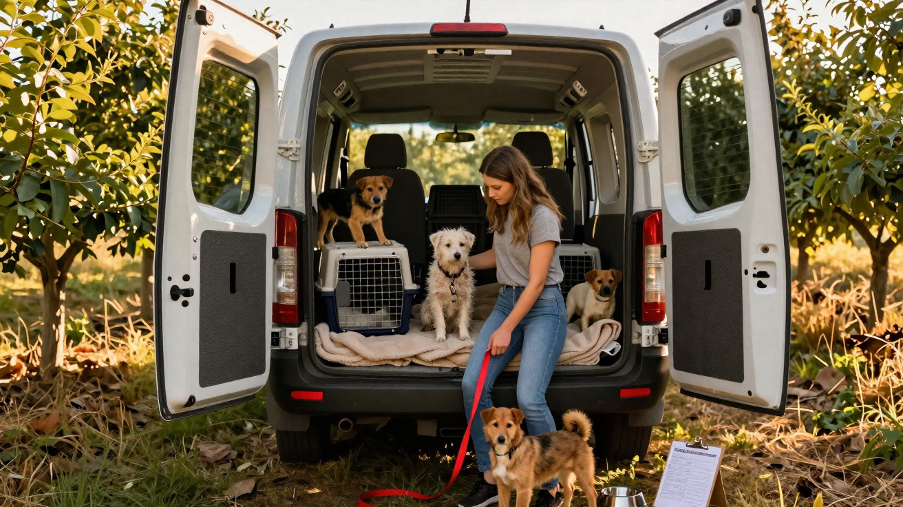 Mulher com quatro cães na mala aberta de carrinha branca num campo com árvores ao fim da tarde.