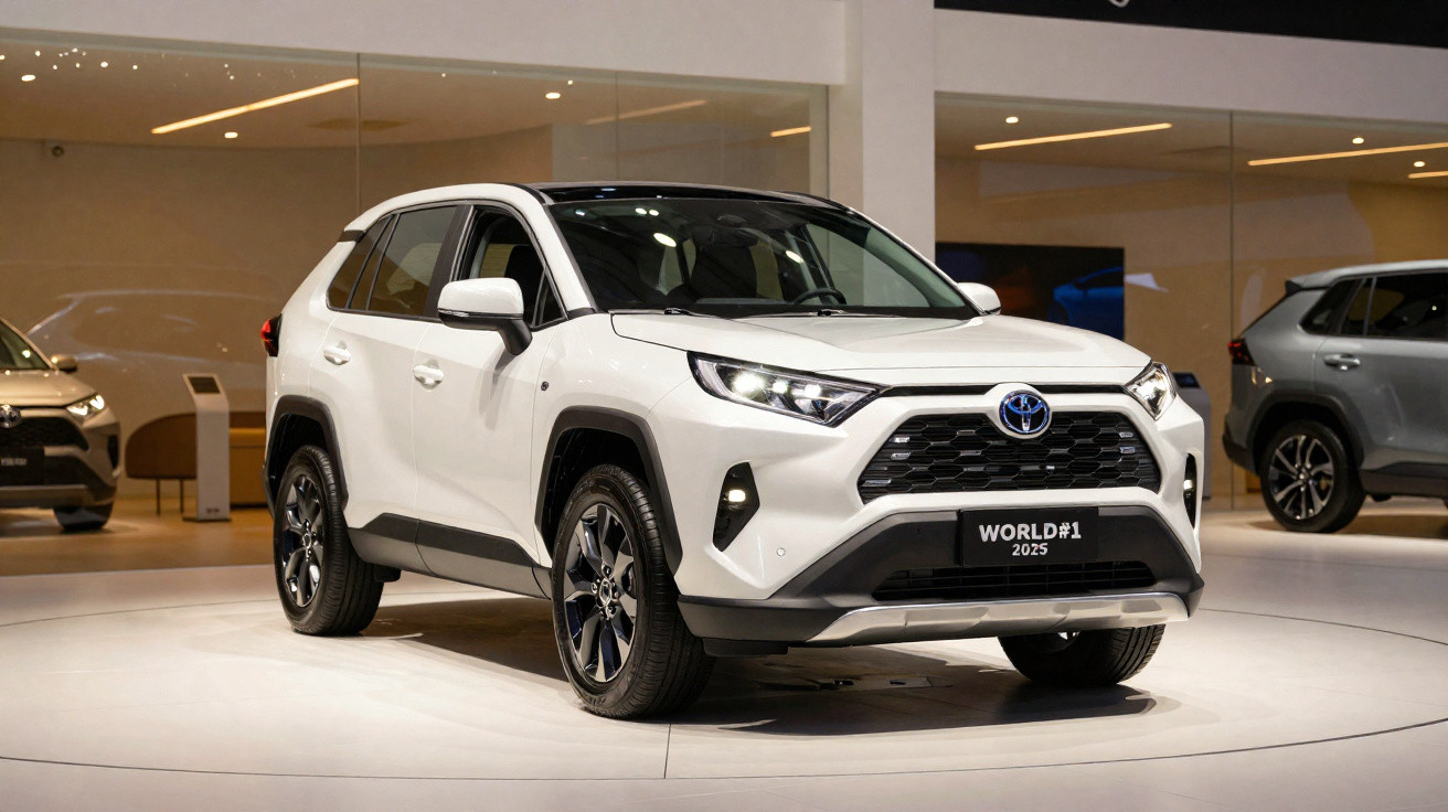 SUV Toyota branco em exposição numa sala moderna com iluminação direta e outras viaturas ao fundo.