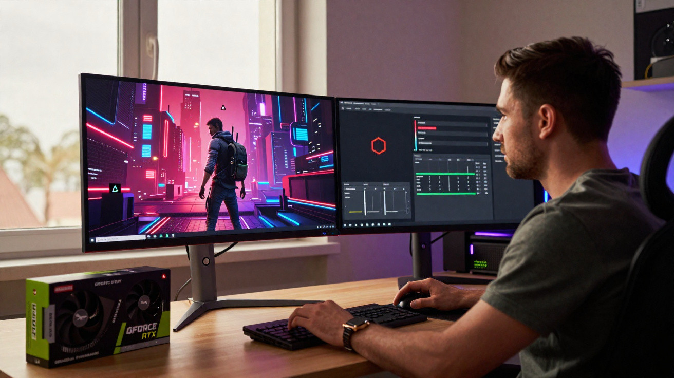 Homem sentado a usar computador com ecrãs duplos, um com vídeo de jogo futurista e outro com gráficos de desempenho.