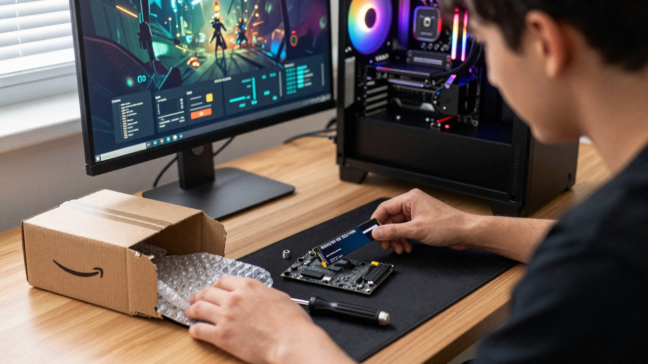 Pessoa a instalar um SSD numa motherboard com caixa aberta e monitor ligado numa secretária de madeira.