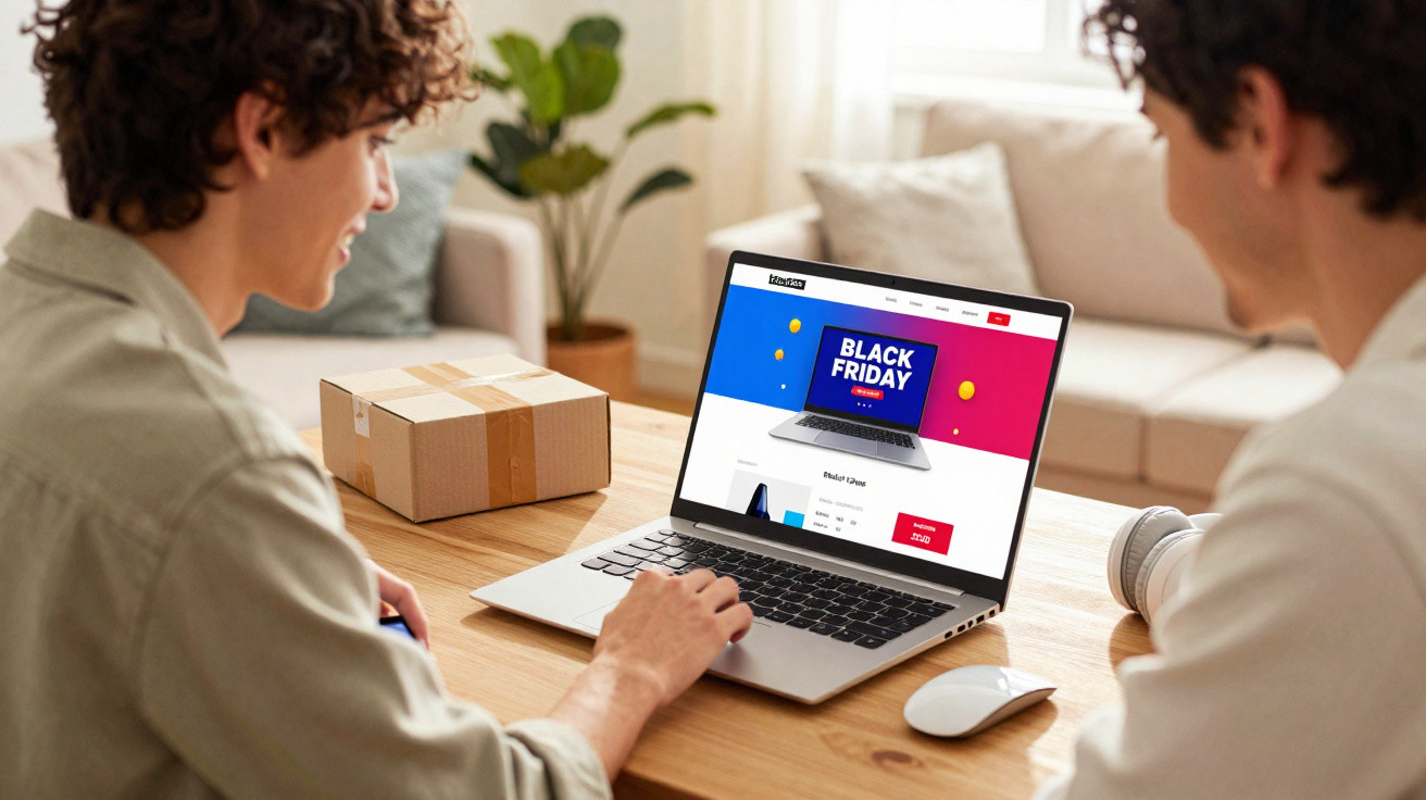 Duas pessoas sentadas à mesa a fazer compras online numa promoção de Black Friday num portátil.