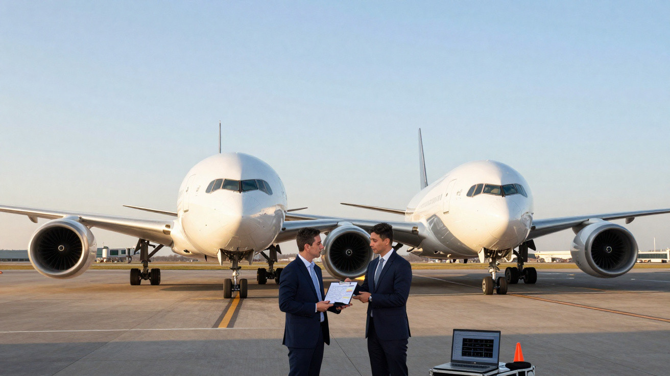 Dois homens de fato trocando documentos junto a dois aviões estacionados na pista de aeroporto.