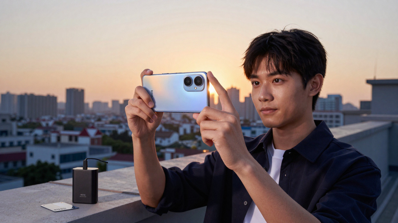 Homem jovem a tirar uma foto urbana ao pôr do sol com um smartphone prateado num terraço.