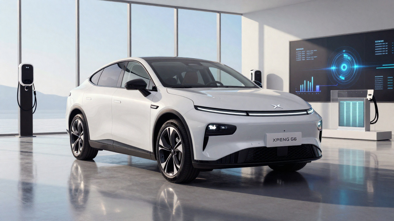 Carro elétrico branco XPeng G6 num showroom moderno com estações de carregamento e ecrãs digitais.