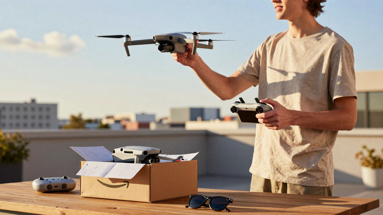 Jovem a segurar drone e comando, com caixa de drone e óculos de sol sobre mesa numa esplanada.