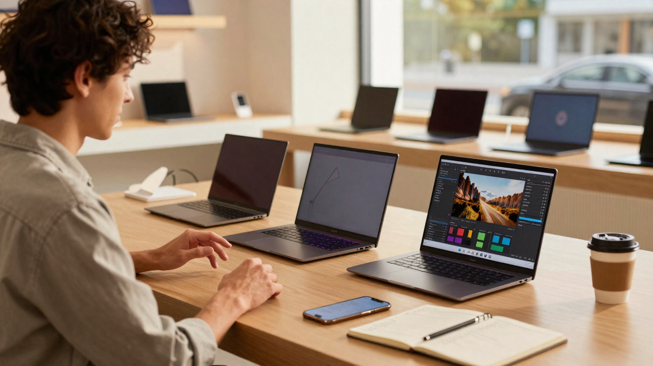 Pessoa a usar computador portátil numa mesa com vários laptops e caderneta num espaço moderno.