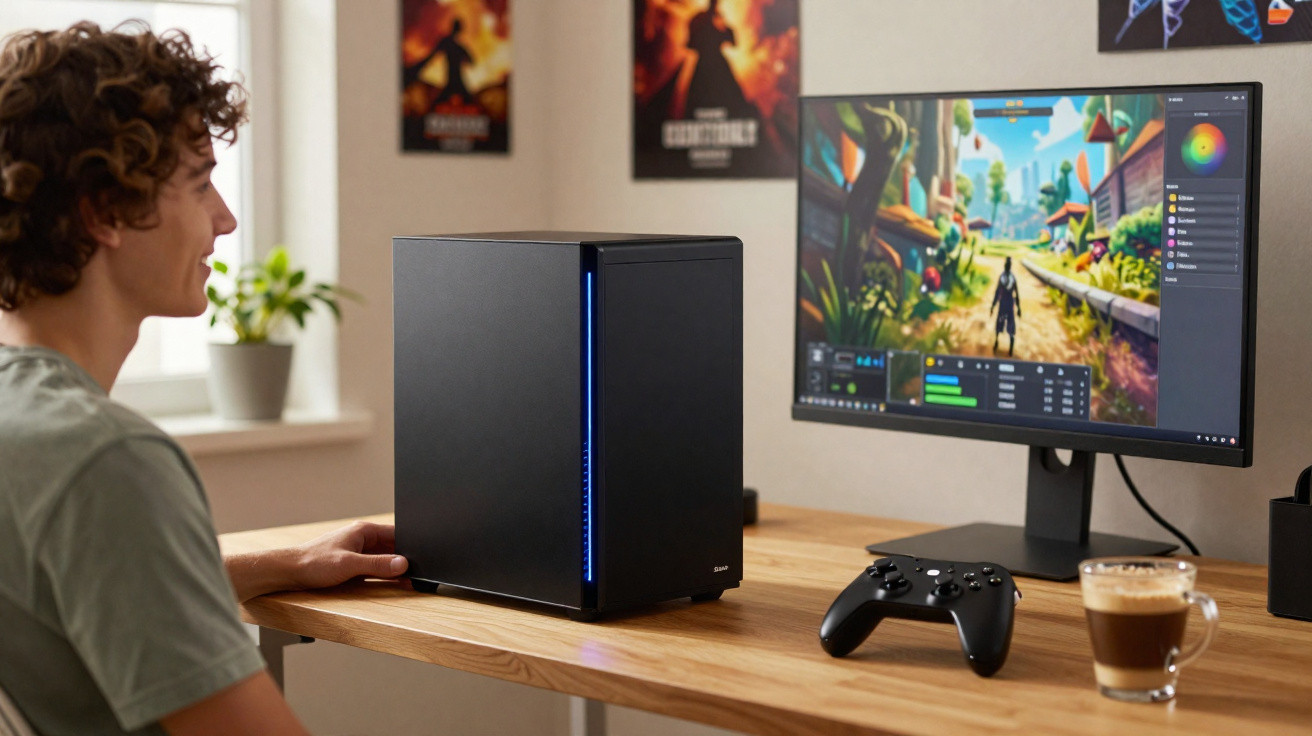 Jovem sentado a jogar videojogos num computador de secretária com comando e bebida ao lado.
