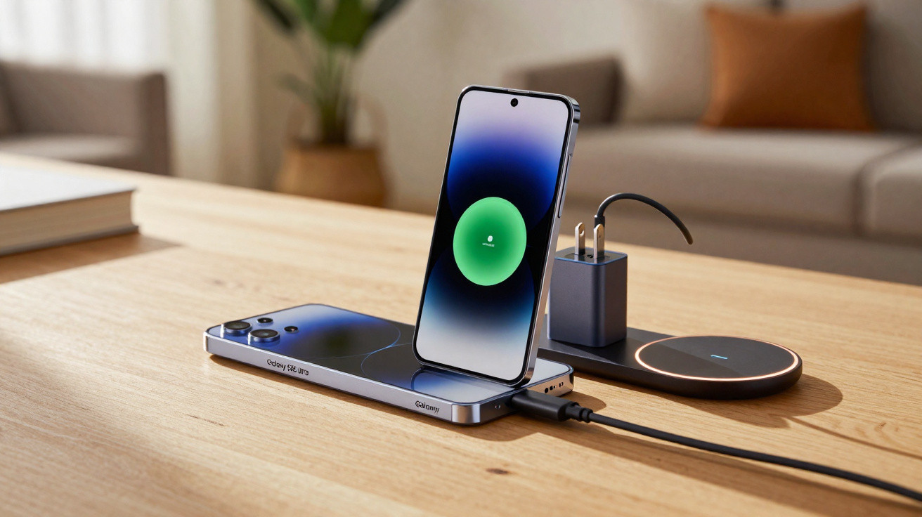 Smartphones Galaxy a carregar sem fios numa base de carregamento dupla numa mesa de madeira.