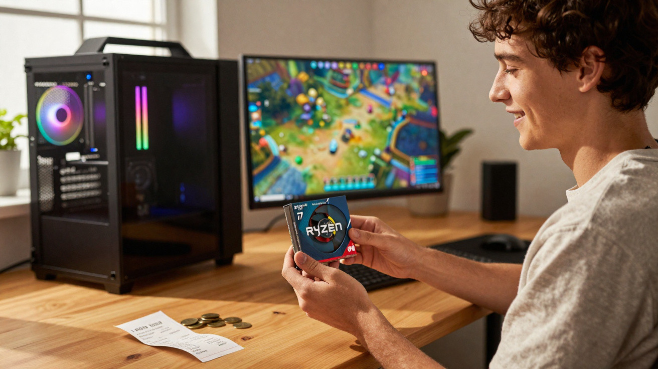 Jovem sentado à secretária segura processador AMD Ryzen enquanto ao fundo ecrã de computador mostra jogo.