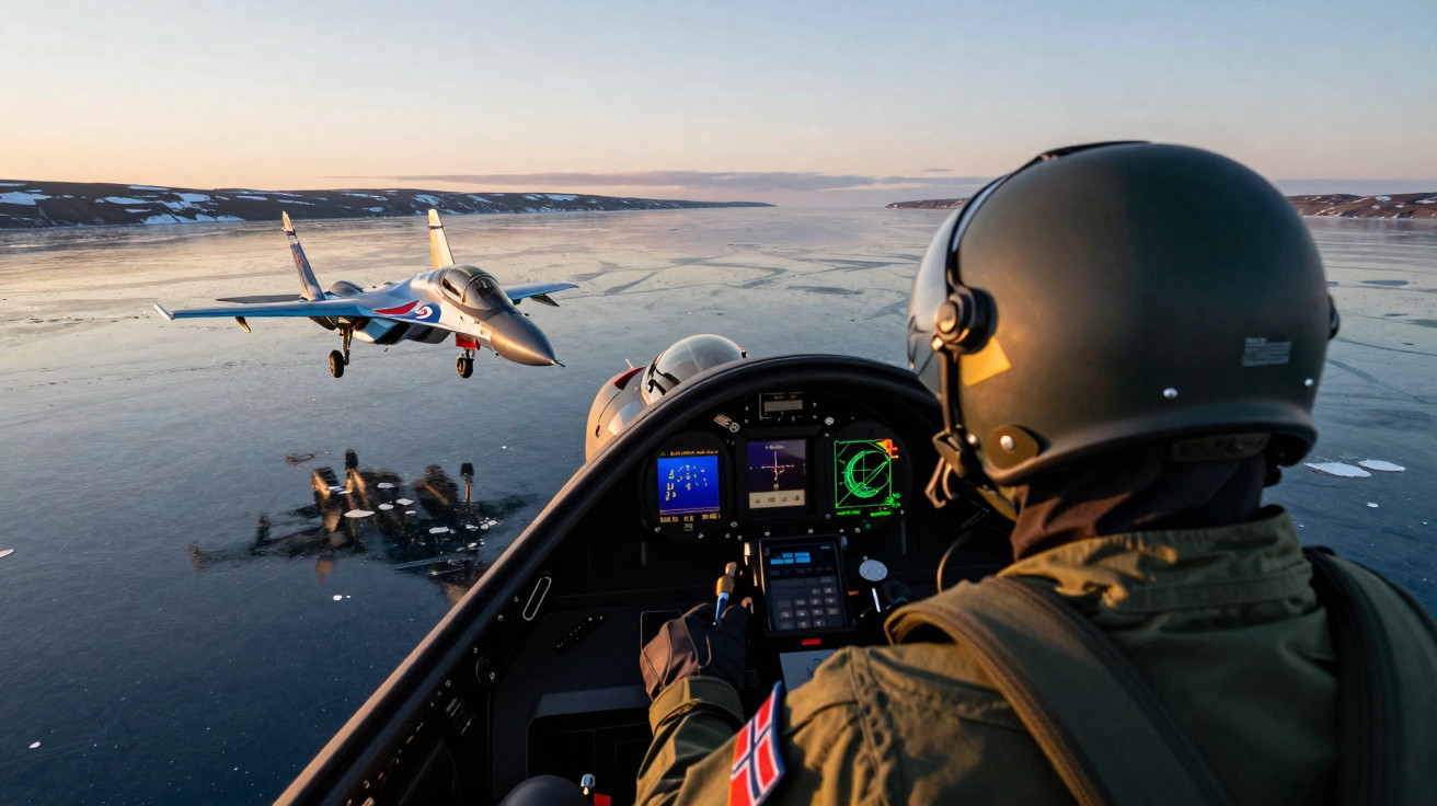 Piloto norueguês numa cabine de caça com outro avião a voar sobre águas geladas ao pôr do sol.