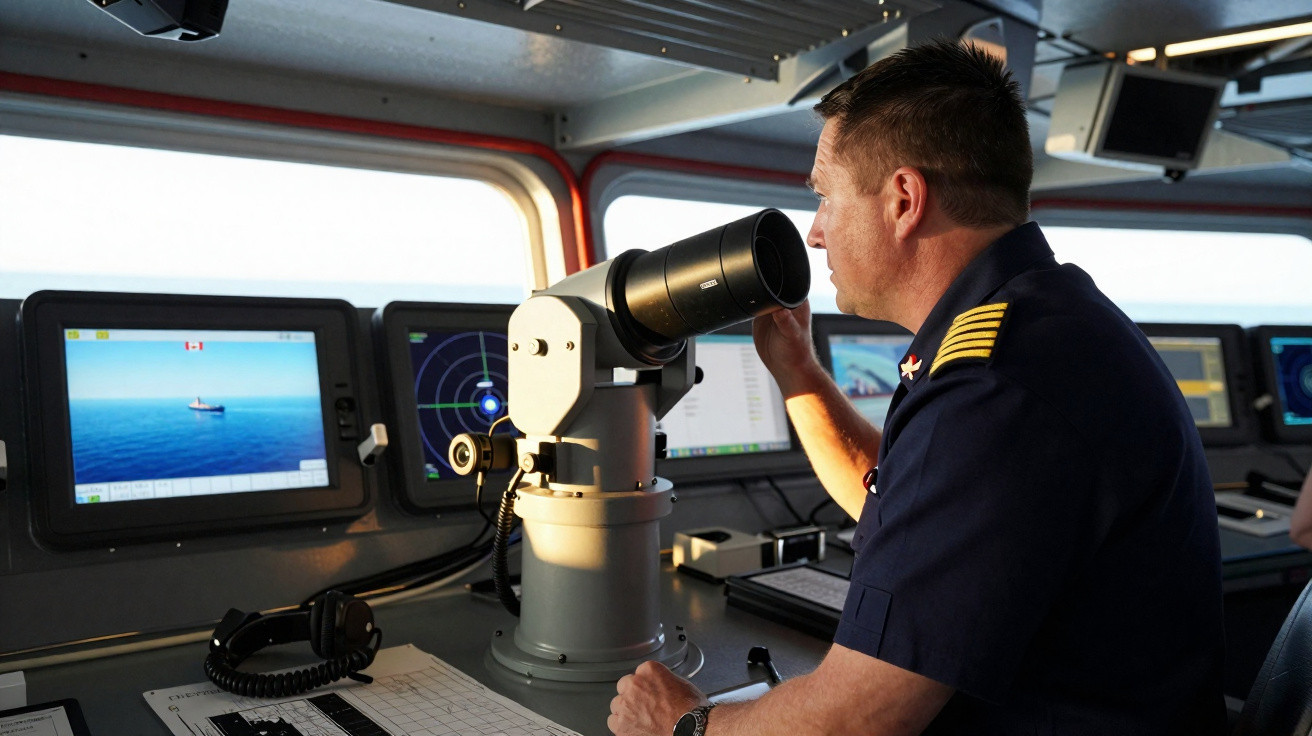 Homem com uniforme naval observa através de telescópio numa ponte de comando com monitores eletrónicos.