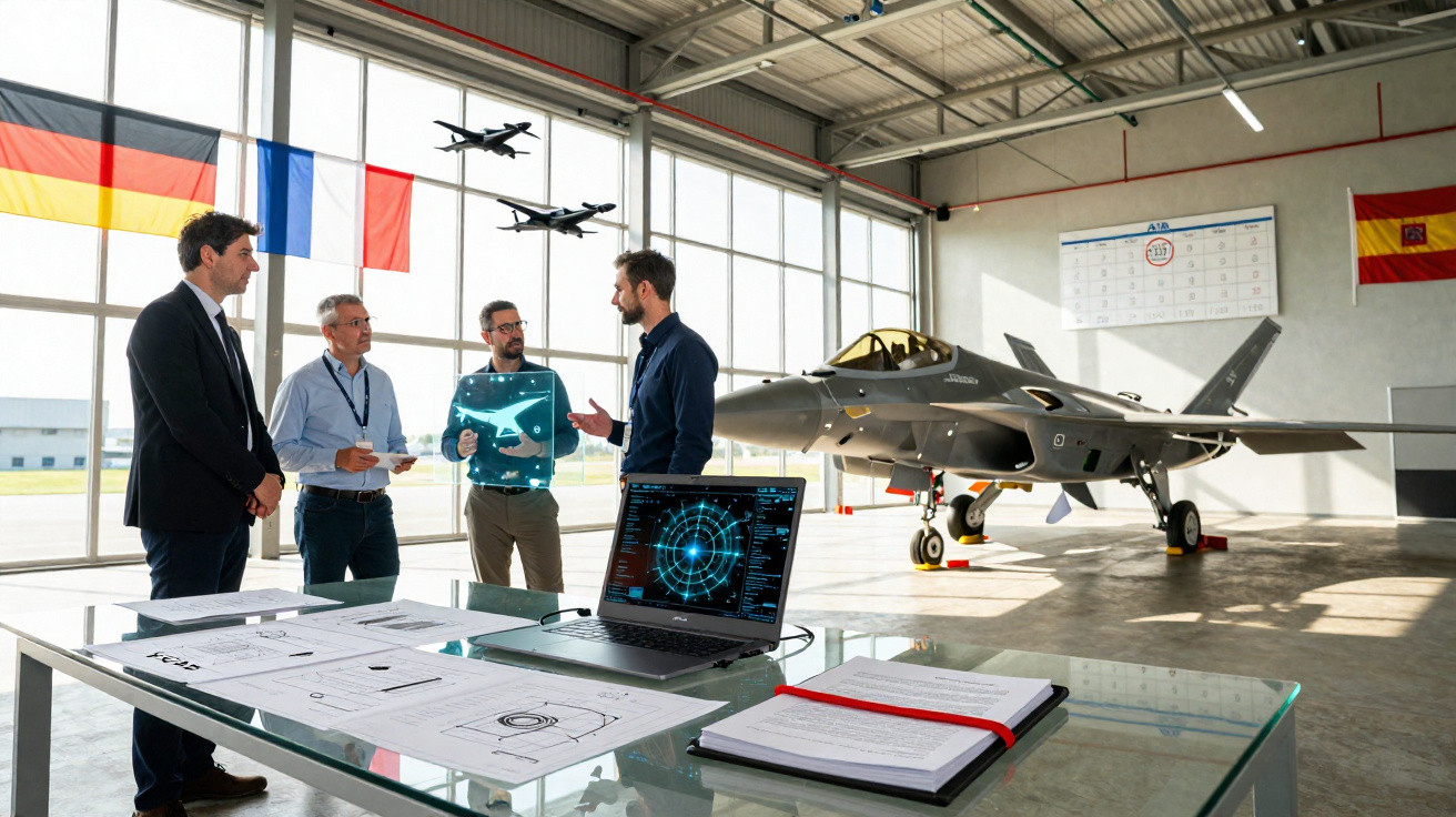 Quatro homens discutem projetos de aviões de combate num hangar com jato e bandeiras da Alemanha, França e Espanha.