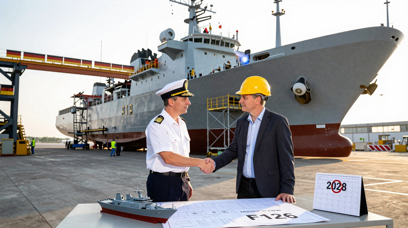 Dois homens apertam as mãos em doca naval, com maqueta de navio e calendário de 2028 na mesa.