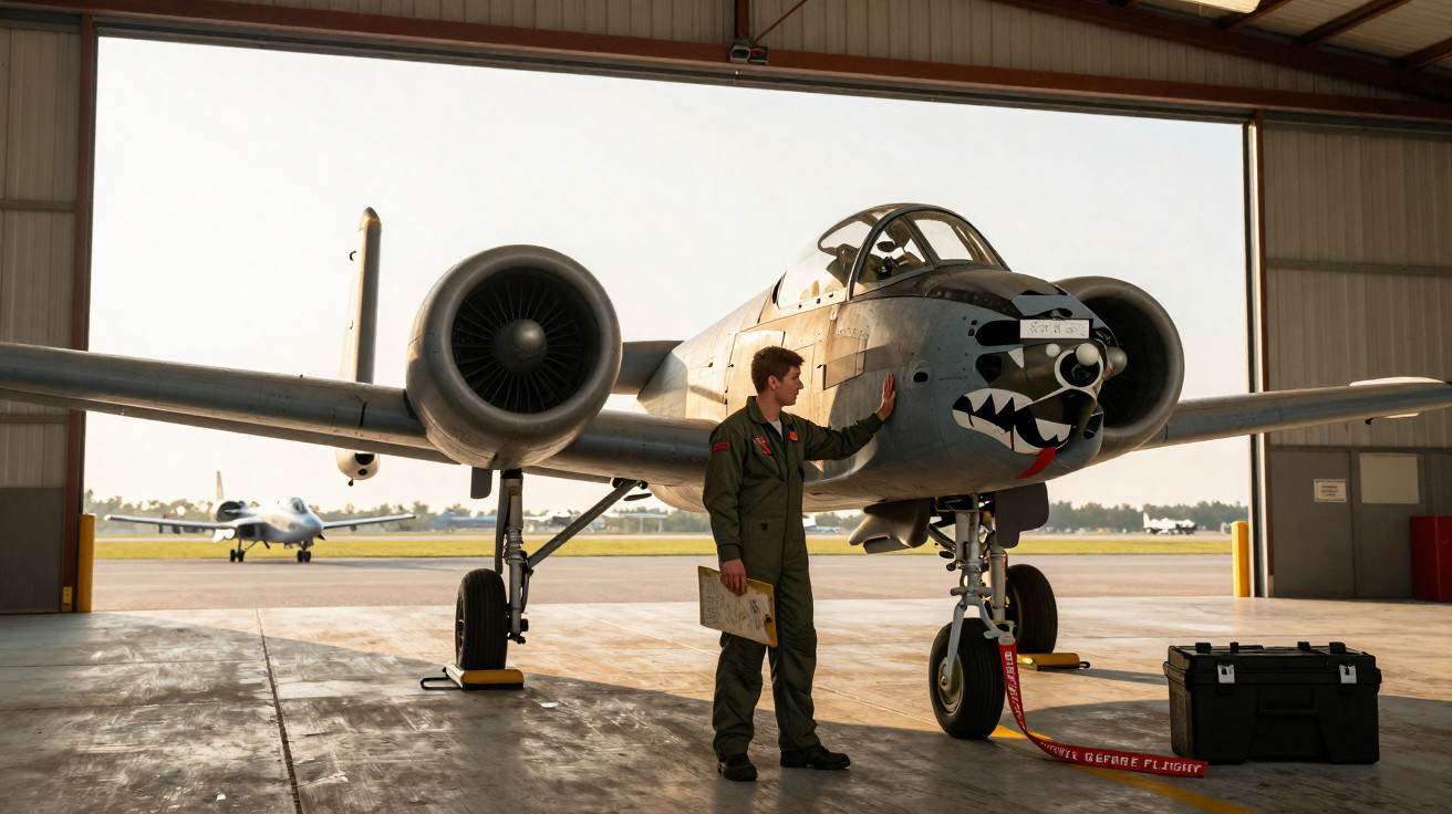 Avião militar A-10 Thunderbolt II numa hangar, com piloto em fato verde a tocar no nariz da aeronave.
