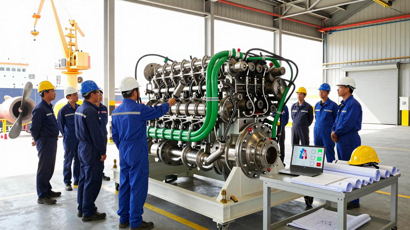 Equipa técnica em fato de trabalho e capacetes observa um motor industrial dentro de oficina moderna.