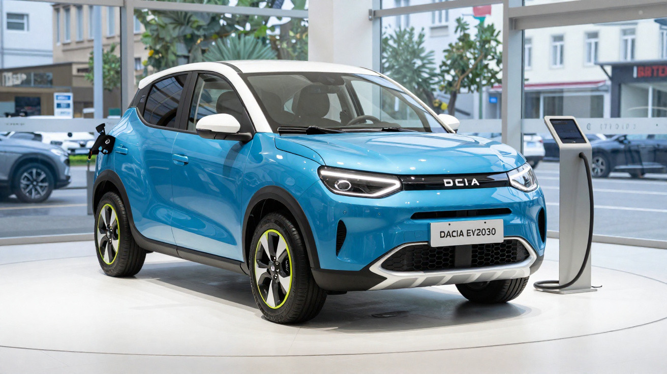 Carro elétrico Dacia EV2030 azul com detalhes brancos, estacionado e a carregar numa estação interior.