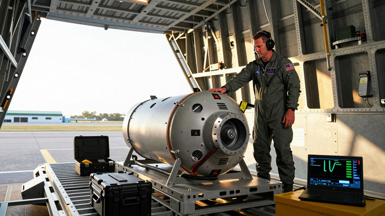 Homem em fato militar verifica dispositivo cilíndrico grande dentro de hangar com equipamento eletrónico.
