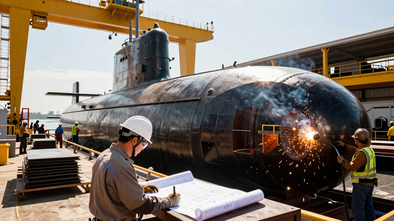 Soldador a trabalhar na reparação de um submarino num estaleiro naval com engenheiro a rever plantas.