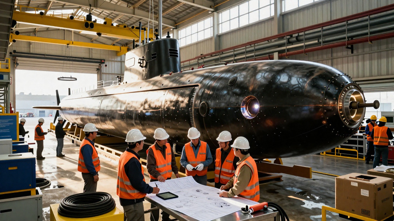 Equipa de engenheiros com capacetes e coletes laranja a trabalhar num submarino num estaleiro naval.