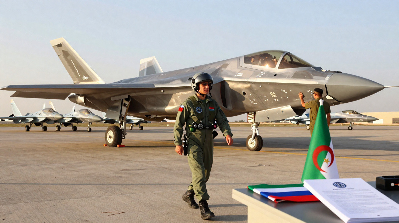 Avião militar F-35 no solo com piloto e bandeira da Argélia numa pista de aeroporto.