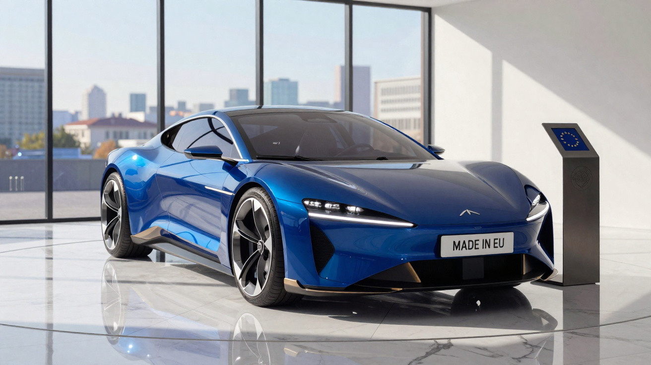 Carro desportivo elétrico azul brilhante em exibição numa sala moderna com vista para a cidade.
