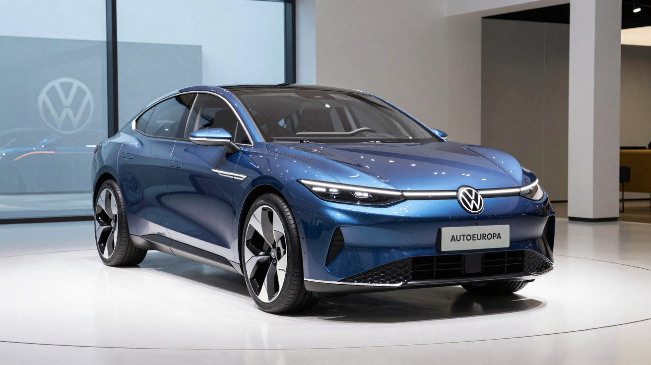 Carro elétrico azul Volkswagen ID.7 exposto em showroom moderno com iluminação branca.