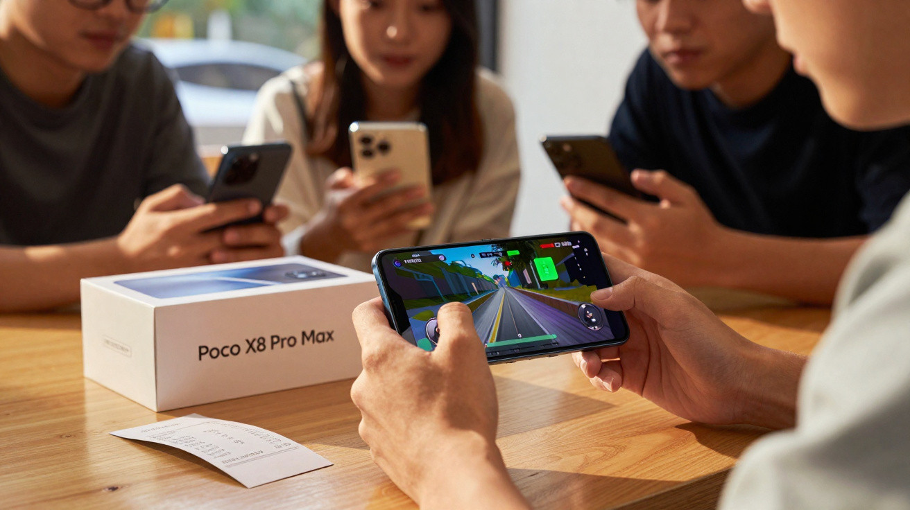 Quatro pessoas sentadas à mesa com smartphones, uma joga e uma caixa do Poco X8 Pro Max está visível.