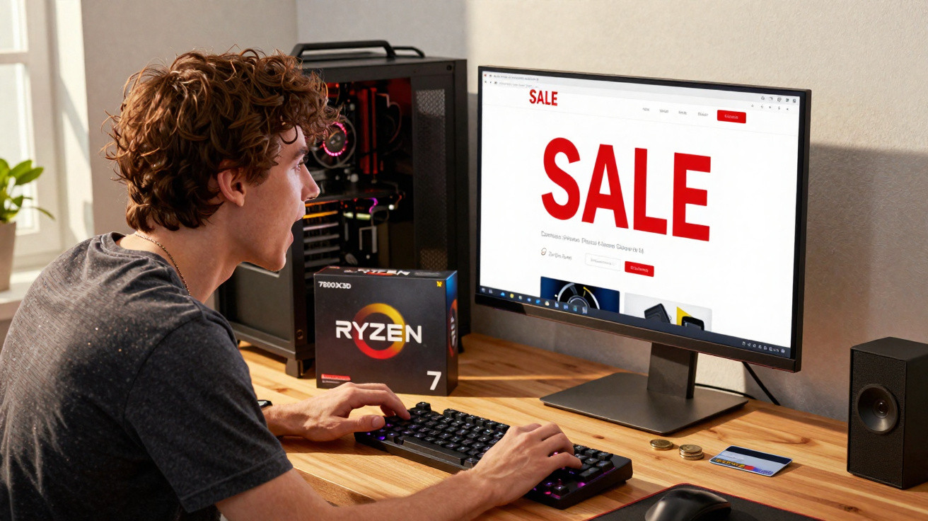 Jovem sentado à secretária a comprar um processador Ryzen em promoção num computador desktop.