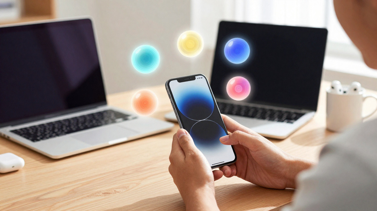 Pessoa a segurar um smartphone com laptops e ícones coloridos flutuantes numa secretária de madeira.