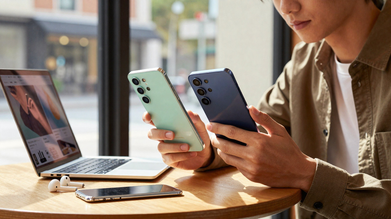 Pessoa sentada num café a comparar dois smartphones modernos, com portátil e auriculares na mesa.