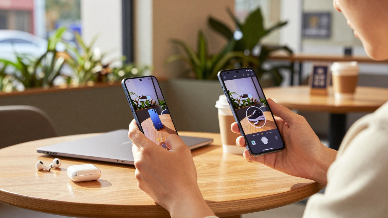 Pessoa a tirar fotografia de equipamento tecnológico com dois telemóveis numa mesa com portátil e auscultadores.