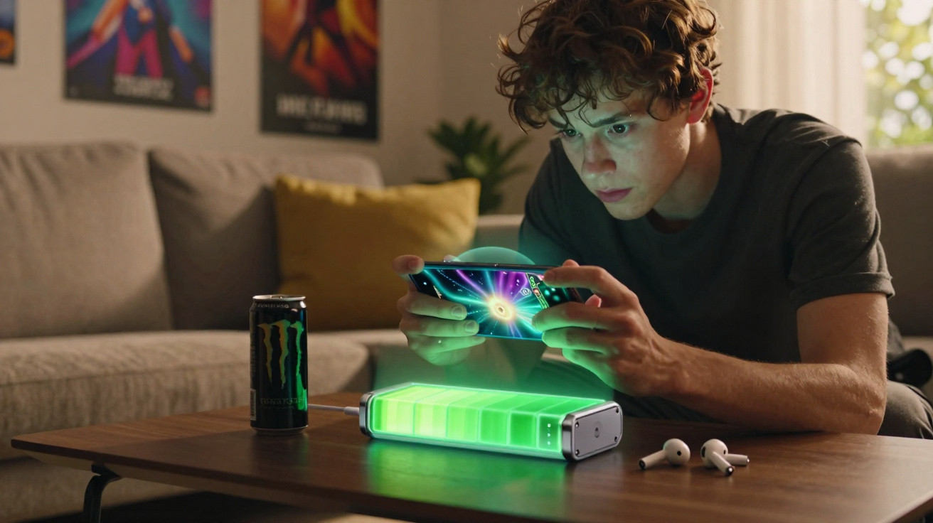 Jovem concentrado a jogar no telemóvel com luz verde brilhante numa mesa à frente, junto a bebida energética e auriculares.