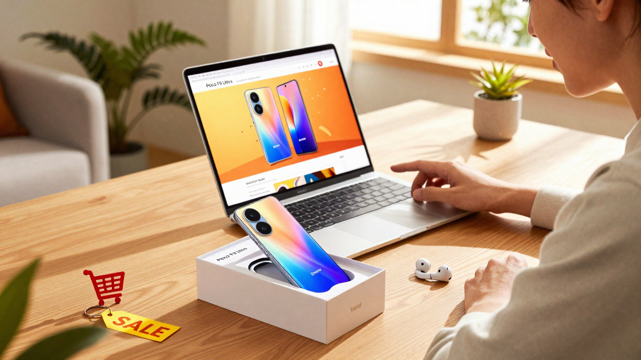 Pessoa a consultar no computador portátil página de telemóvel com telemóvel Huawei colorido e auscultadores sobre mesa de mad