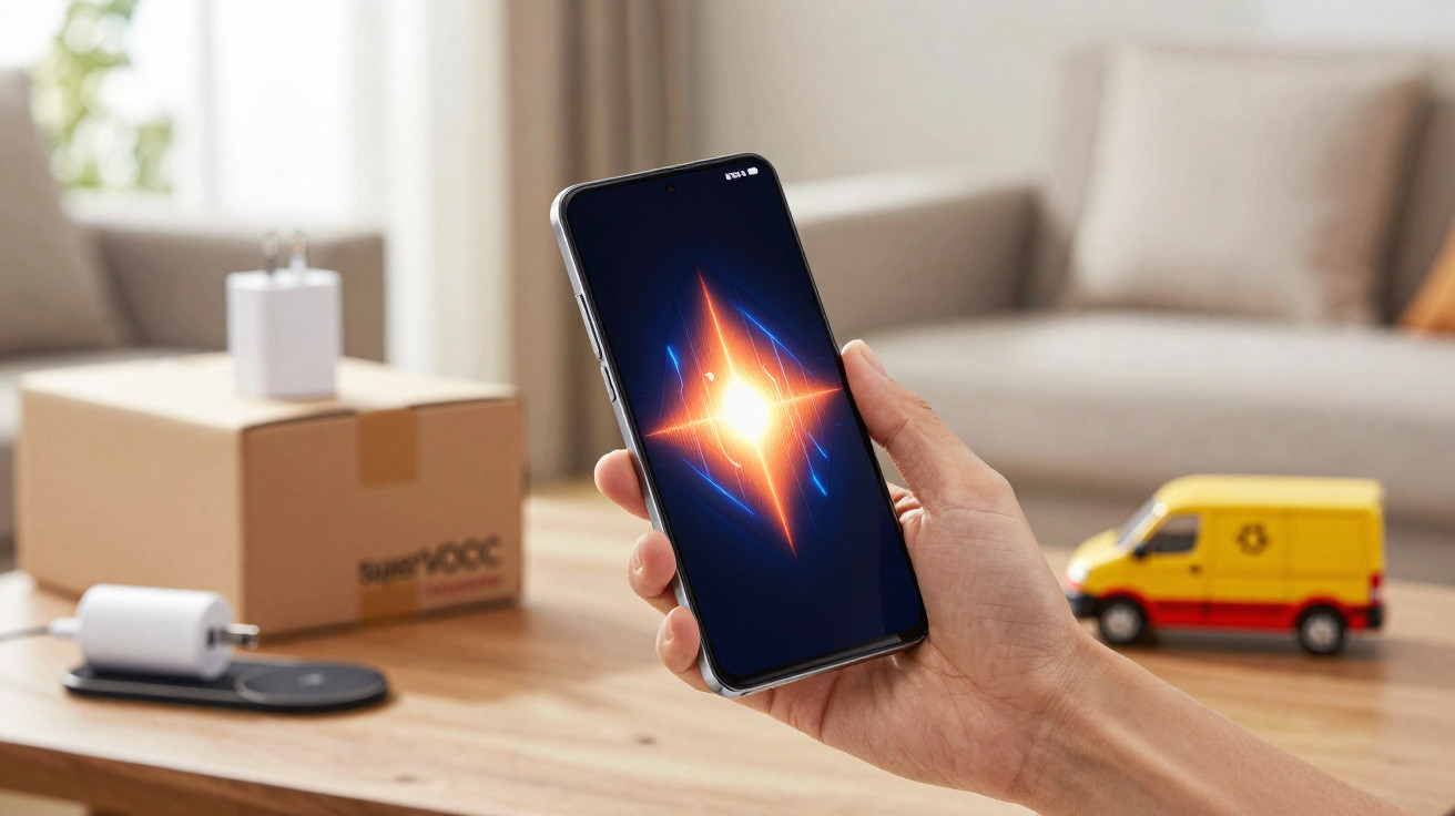 Pessoa segurando telemóvel com ecrã ligado mostrando um gráfico luminoso, numa sala com sofá e mesa.