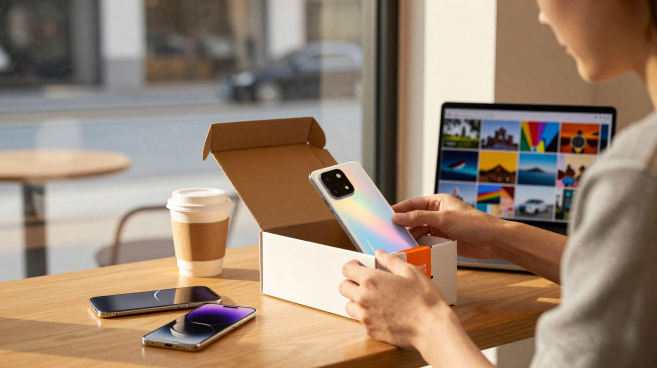 Pessoa a retirar um telemóvel novo de uma caixa numa mesa com dois telemóveis e uma chávena de café.