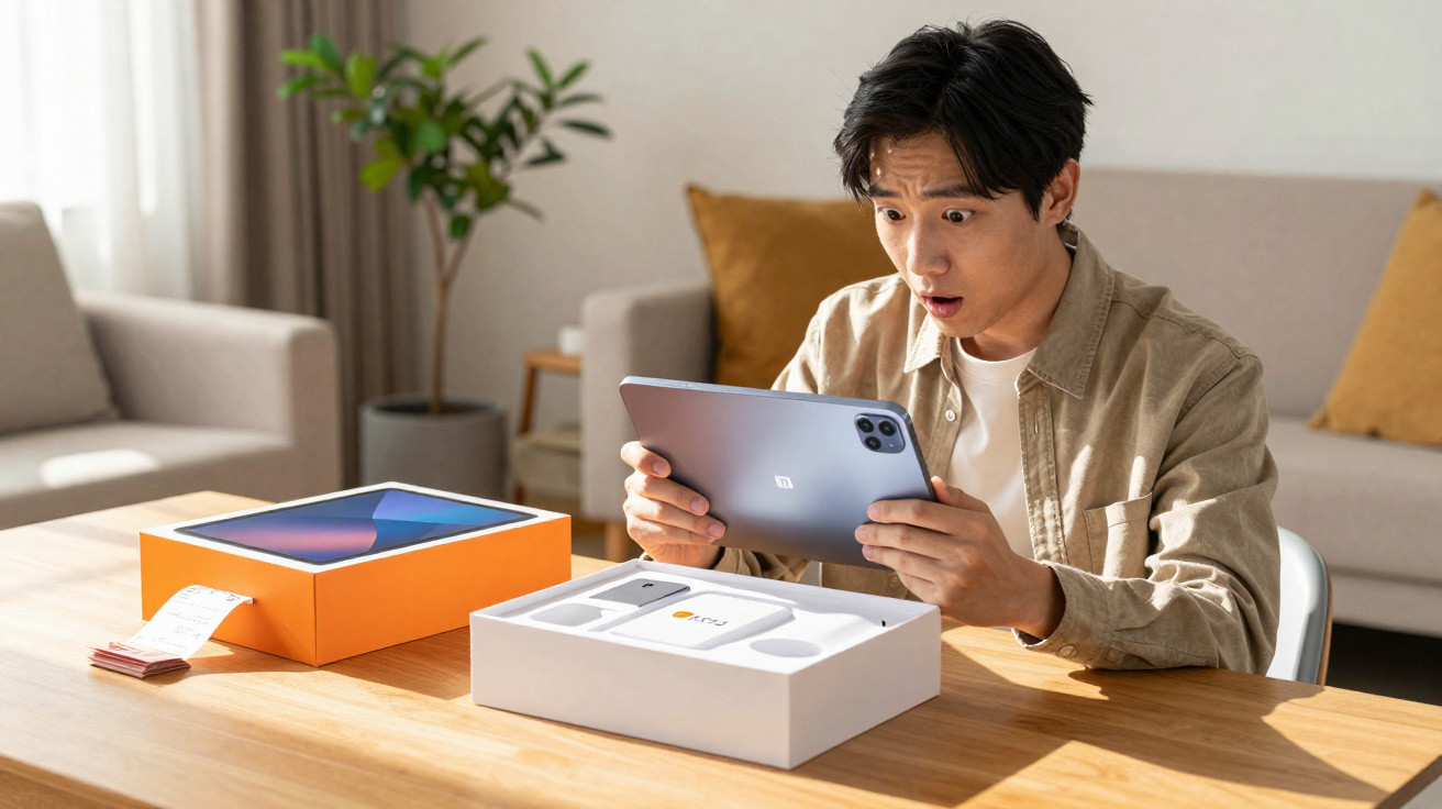 Homem surpreendido ao desembrulhar um tablet novo, sentado à mesa numa sala moderna.
