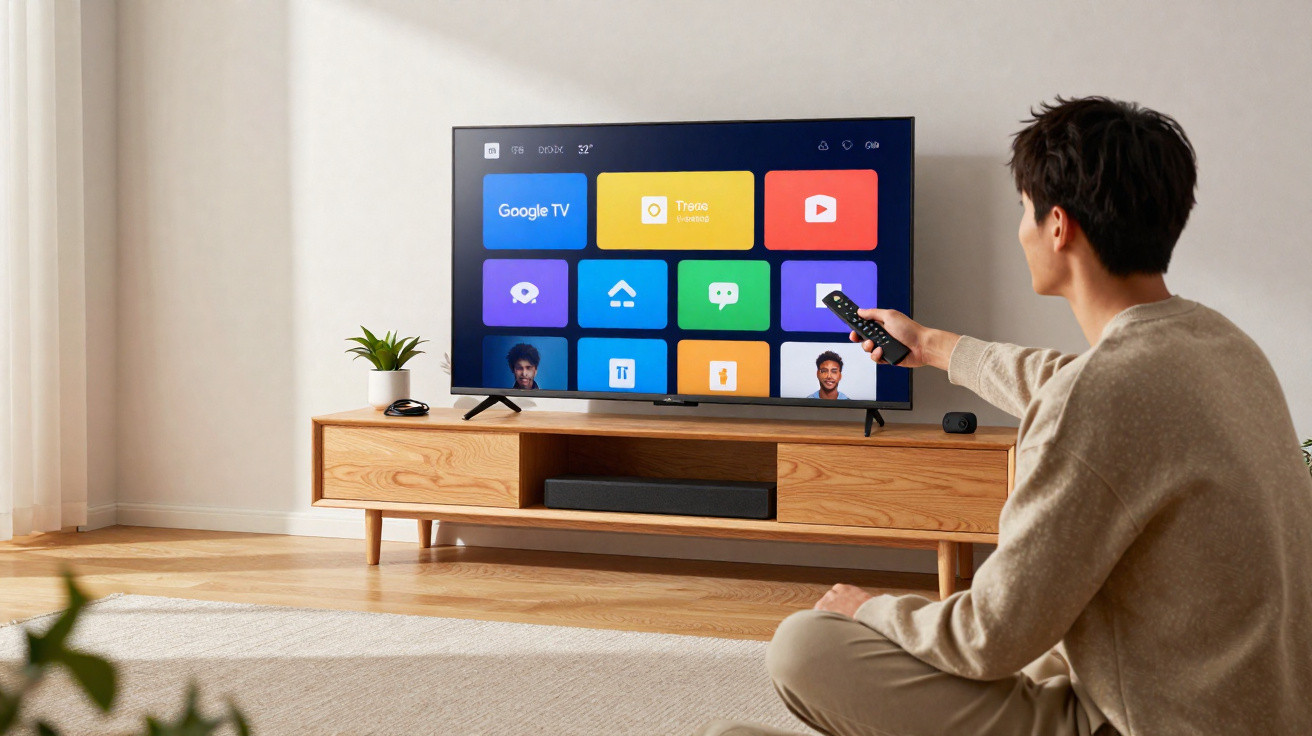 Homem sentado no chão a controlar televisão com interface Google TV numa sala clara e minimalista.