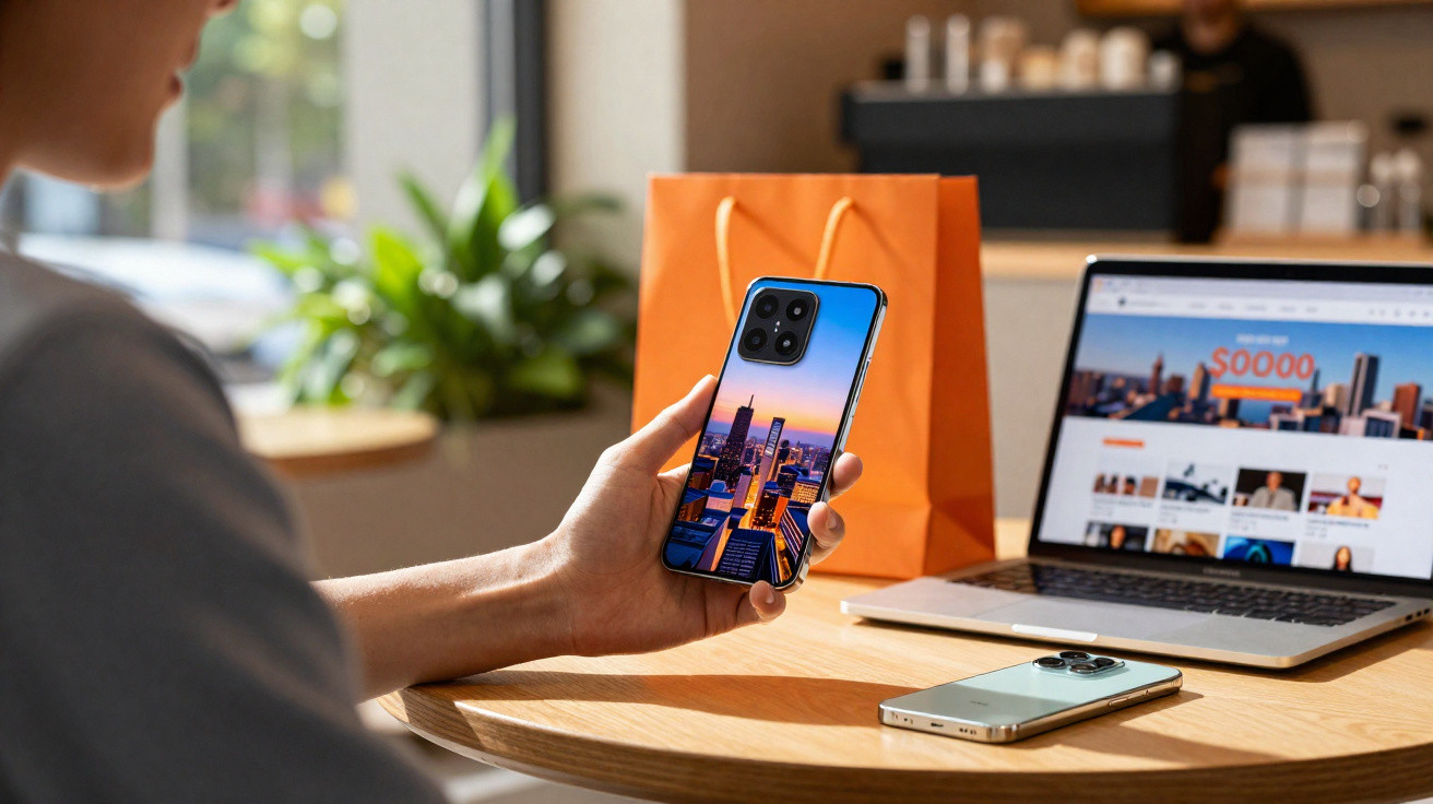 Pessoa a segurar smartphone com imagem de cidade, com saco laranja, outro telemóvel e portátil numa mesa redonda.