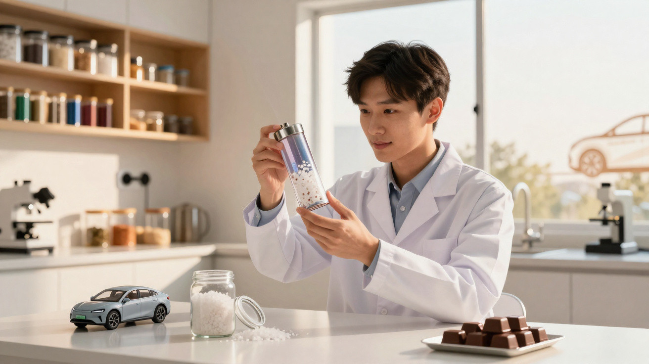 Jovem cientista em bata branca analisa frasco com material sólido num laboratório moderno e iluminado.