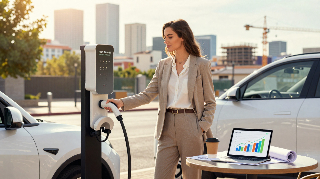 Mulher em fato a carregar um carro elétrico em posto urbano com laptop e gráfico numa mesa próxima.