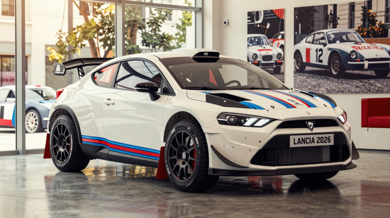 Carro de rali branco Lancia 2026 com detalhes azuis e vermelhos exposto em showroom moderno.